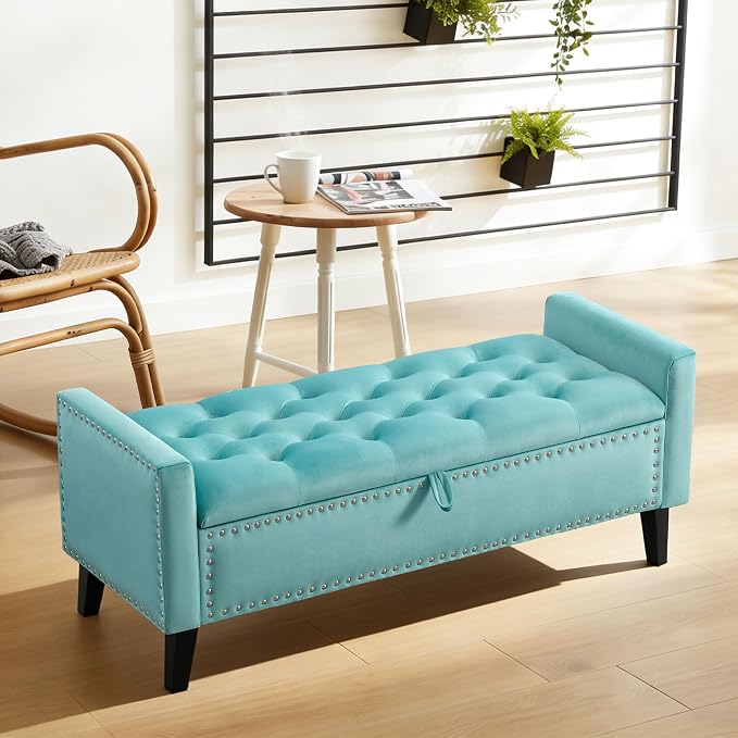 47in Velvet Storage Ottoman Bench with Arms, Upholstered Storage Bench with Wooden Legs, Storage Bench for Bedroom, Living Room, Entryway, Teal