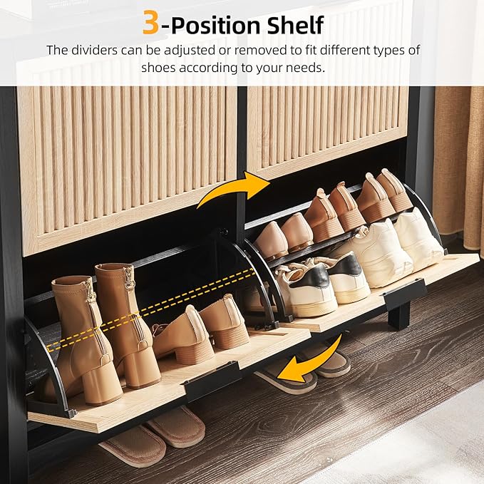 4-Flip Drawer Shoe Cabinet Narrow Entryway Rack, Oak & Black | Vertical Wood Grain, Metal Handles, Adjustable Compartments, Removable Shelf, Anti-Tip Device, for Hallway Foyer Entryway