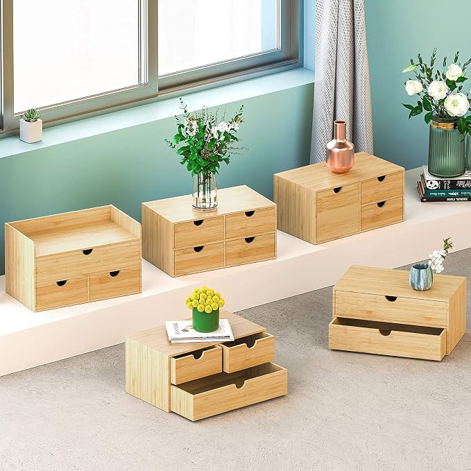 Bamboo Desk Drawer Organizer, Desktop Organizer with Drawers T(4 Drawes) | 4 Drawers Open Top Tray Fully Assembled Stores Pens, Notes, Makeup, Jewelry & Toiletries for Office, Vanity & Bath