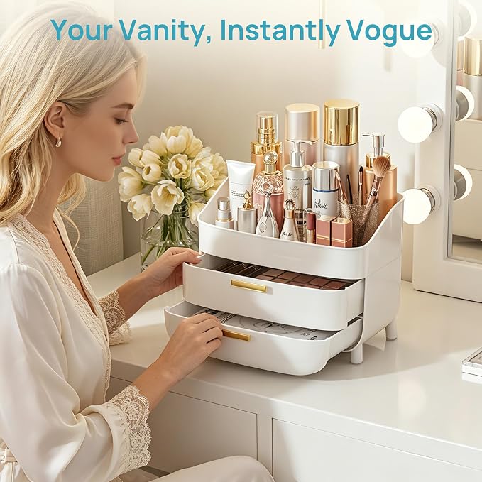 Vtopmart 3-Tier Skincare Makeup Organizer with Drawers, White | For Vanity,Dresser and Bathroom Countertop, Large Cosmetic Storage Box Case, , With Drawer, Non-Slip Base