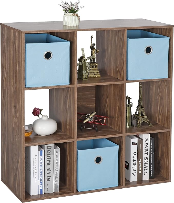 9-Cube Storage Organizer,Wooden Bookshelf Cube Storage,Freestanding Bookcase w/5 Removable Back Panels,Display Shelf Bedroom, Living Room, Home,Office,Study,Natural