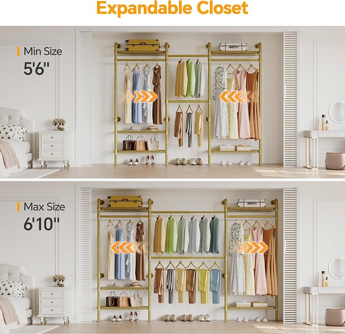 Higeego W3 Wall Mounted Clothes Rack, Industrial Pipe Clothing Rack, Gold | Heavy Duty Clothes Rack, Clothing Racks for Hanging Clothes, Closet Organizer, Expandable Hanger Rods, Adjustable Shelving