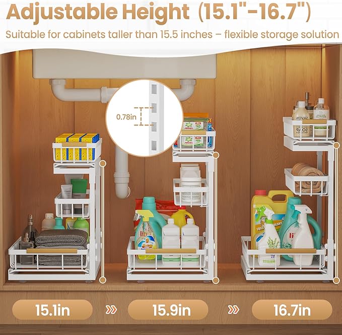 Under Sink Organizer and Storage for Bathroom and Kitchen - 1 Pack 3 Tier Under Cabinet Pull Out Shelf Organizers - Slide Out Drawer Organization for Home Cabinets Shelves and Drawers