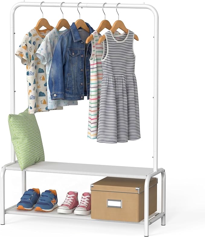 Simple Houseware Kids Freestanding Clothing Garment Rack with Shelf, White | With 600D Fabric Shelves & Hanger Stoppers
