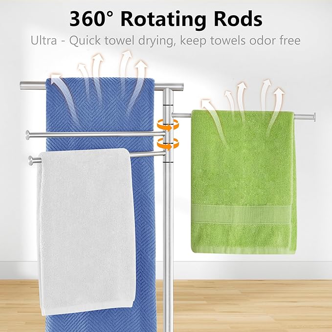 Standing Towel Rack, Stainless Steel Towel Racks for Bathroom with Weighted Marble Base, 4 Swivel Towel Arms Freestanding Outdoor Towel Holder Stand for Pool, Brushed Nickel