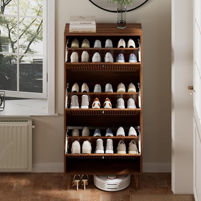 Fsbecl Shoe Storage Cabinet for Entryway with 3 Fluted Flip Drawers, Walnut | 23.6'' Narrow Freestanding Shoe Rack with Adjustment Shelves, Wooden Hidden Organizer for Hallway Foyer, 12-18 Pairs