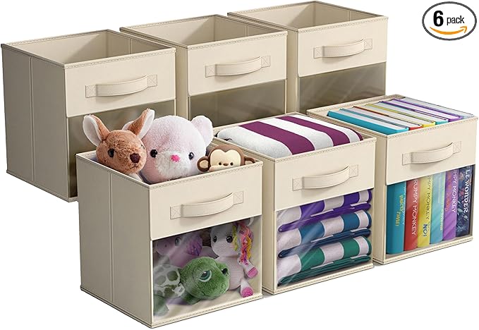 Sorbus 11 Inch Storage Bins with Clear Window - 6 Foldable Baskets for Organizing Clothes, Toys, Books - Sturdy Collapsible Fabric Storage Cubes with Handle - Storage Baskets for Shelves, Closets