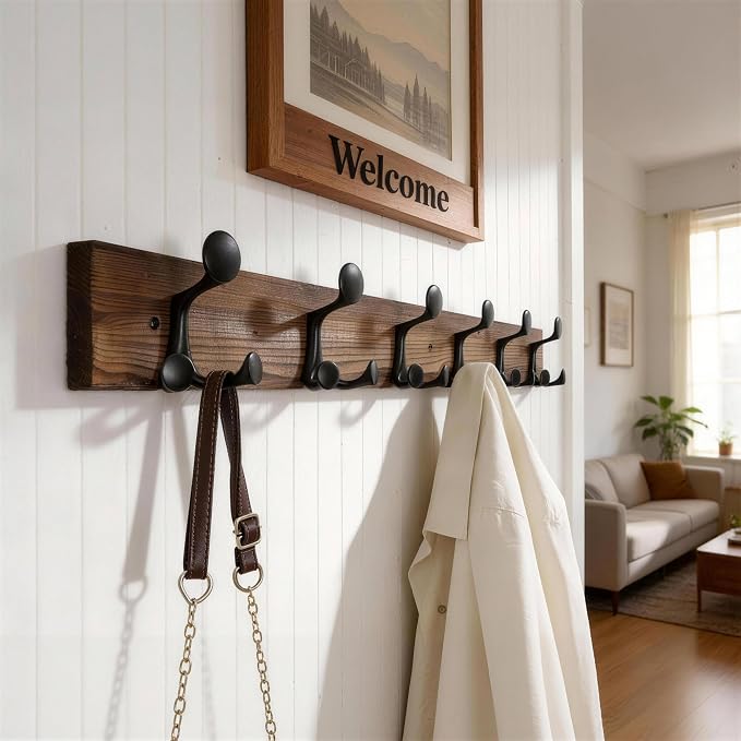 WEBI Coat Rack Wall Mount,36" Solid Wood Coat Hooks Wall Mounted Coat Hanger,16" Hole to Hole,Heavy Duty Hook Rack,6 Triple Hooks for Hanging Coats,Jacket,Hat,Backpack,Farmhouse,Brown,2 Packs