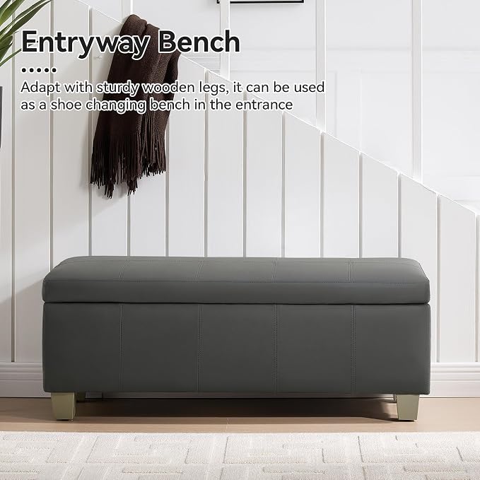 WUTUTUEE 41" Faux Leather Storage Ottoman, Stitch Tufted Rectangle Upholstered End of Bed Storage Bench, Entryway Large Couch Ottoman with Wooden Legs,Dark Grey