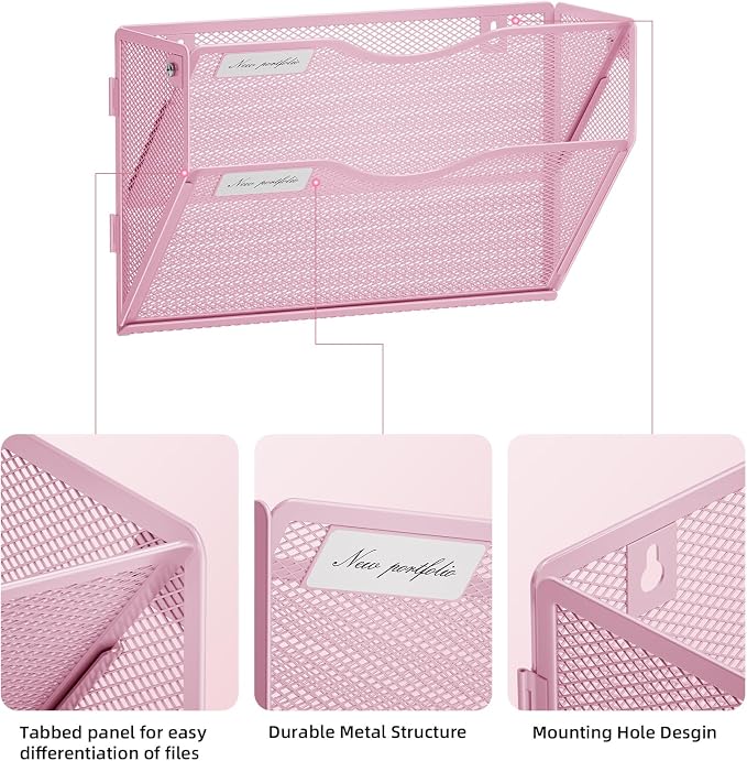 Marbrasse Wall File Holder 2-Tier Hanging Wall File Organizer, Mesh Mail Holder for Papers, Wall Mount File Clipboard & Magazine Organizer Great for Office Home - 2P(Pink)