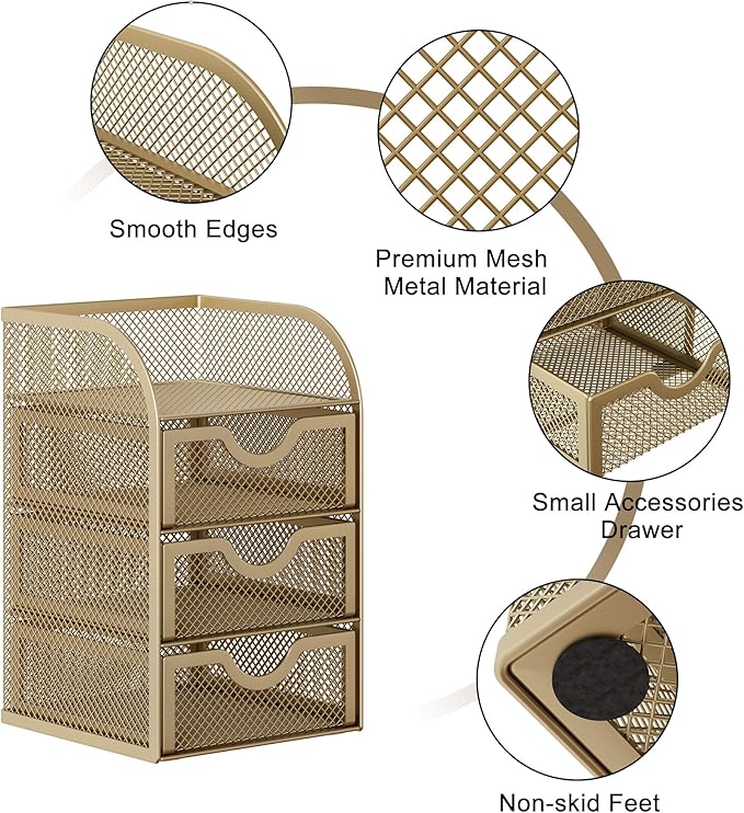 EasyPAG Mesh Desk Organizer with 3 Drawer Office Desktop Organizers and Accessories Stationery Caddy for Office, Home, Students, Gold