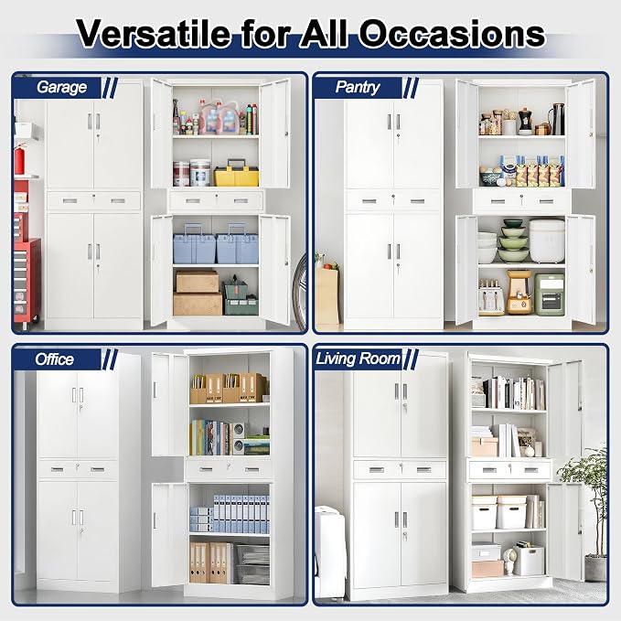 BESFUR Metal Storage Cabinet with a Drawer 4 Doors and 2 Adjustable Shelves Garage Storage Cabinet with Lock 71" Office Storage Cabinets Locking Cabinets for Garage Office Shop Home (White)