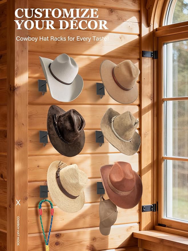 Cinati Cowboy Hat Rack for Wall 6 Pack, Cowboy Hat Holder Wall Mount, Western Rustic Metal Hats Hanger Hooks Organizer for Fedora,Sun Hats,Wide Brim, Extra Hooks for Baseball Caps,Western Room Decor