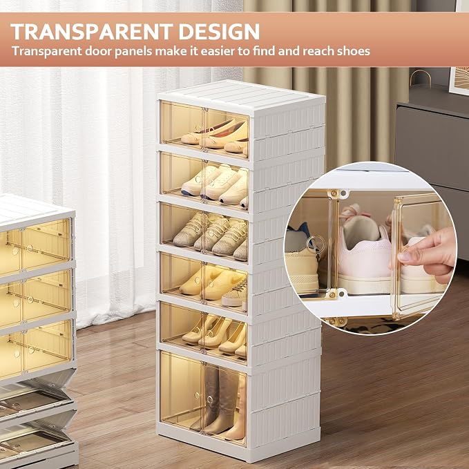 SYNCVIBE Foldable Shoe Rack Organize 6 Tier Plastic Shoe Shelf, 12 Pairs Collapsible Shoes Storage Bins, Large Folding Shoe Boxes for Closet with Doors, Stackable Storage Shoe Cabinet