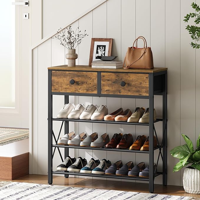 4 Tier Shoe Rack, Large Capacity Shoe Storage Organizer, Metal Shoe Shelf with Drawer and Wooden Top, for 16 Pairs of Shoes, for Entryway, Closet, Rustic Brown and Black SS24BR