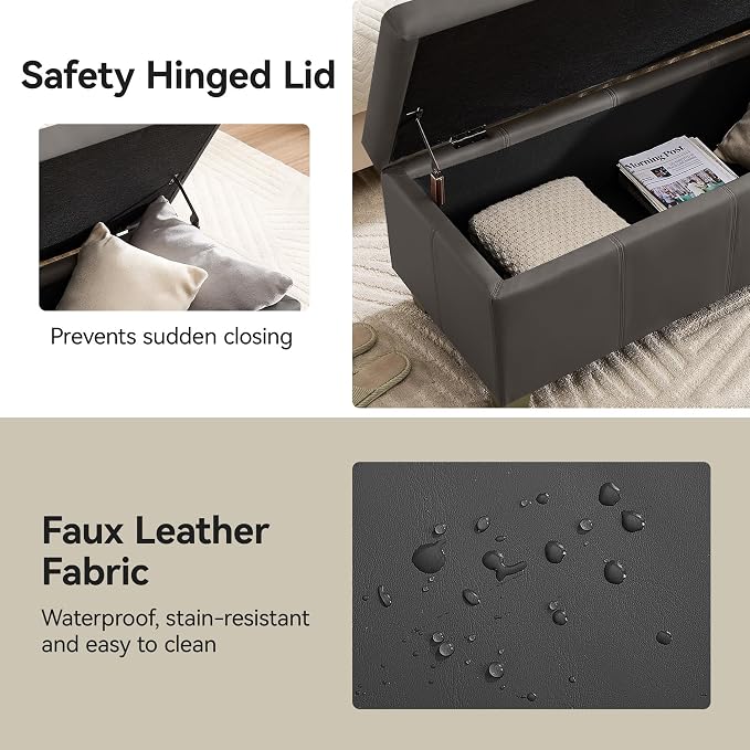 WUTUTUEE 41" Faux Leather Storage Ottoman, Stitch Tufted Rectangle Upholstered End of Bed Storage Bench, Entryway Large Couch Ottoman with Wooden Legs,Dark Grey