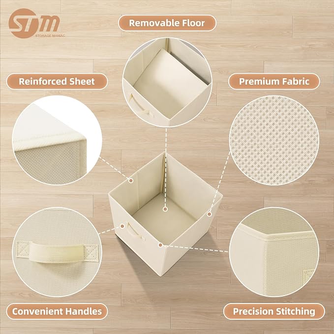 STORAGE MANIAC Storage Cubes, 13 Inch Collapsible Storage Bins with Handles, 6 Pack Fabric Foldable Bins for Organization, Durable Storage Bins for Closet, Shelves, Offices, 6-Pack Beige