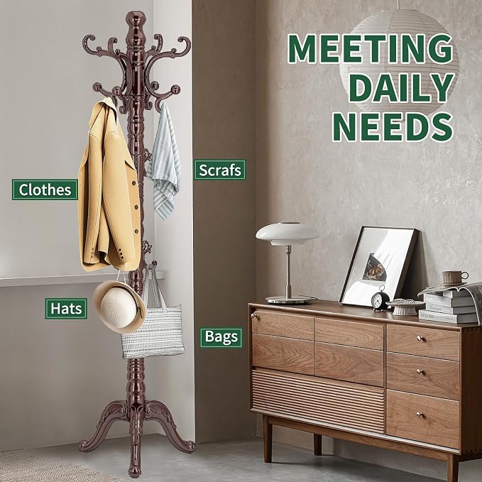 OIRUMIE Wooden Coat Rack, Vintage Coat Rack Frestanding for Entryway,Corner | Wood Coat Rack Stand with 14 Hooks,Classic Coat Hanger Stand with Triangle Base,Coat Clothes Tree Stand for Hallway,Office