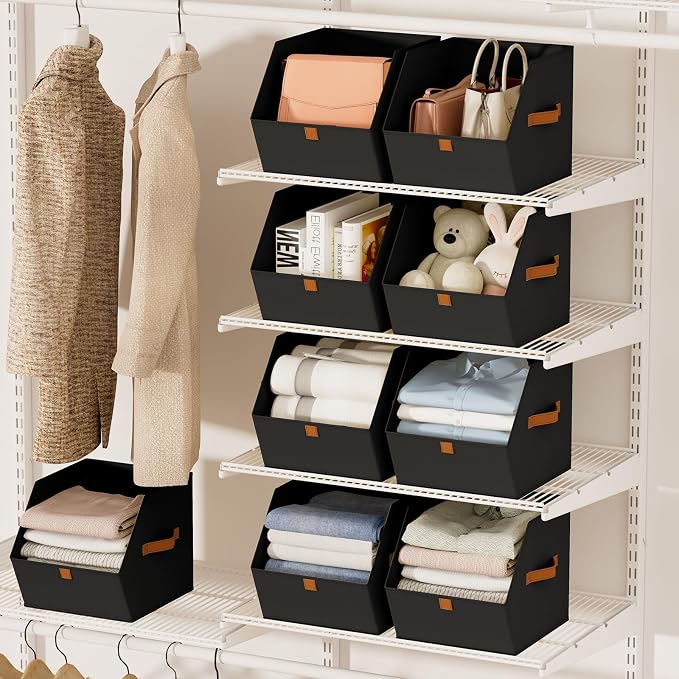 Homsorout Fabric Closet Storage Cubes - 8 Pack Square Storage Bins with Dual Handles for Clothes, Towels, Toys, Cube Storage Organizers for Bedroom, Nursery, Shelves, Closet, Small Spaces, Black