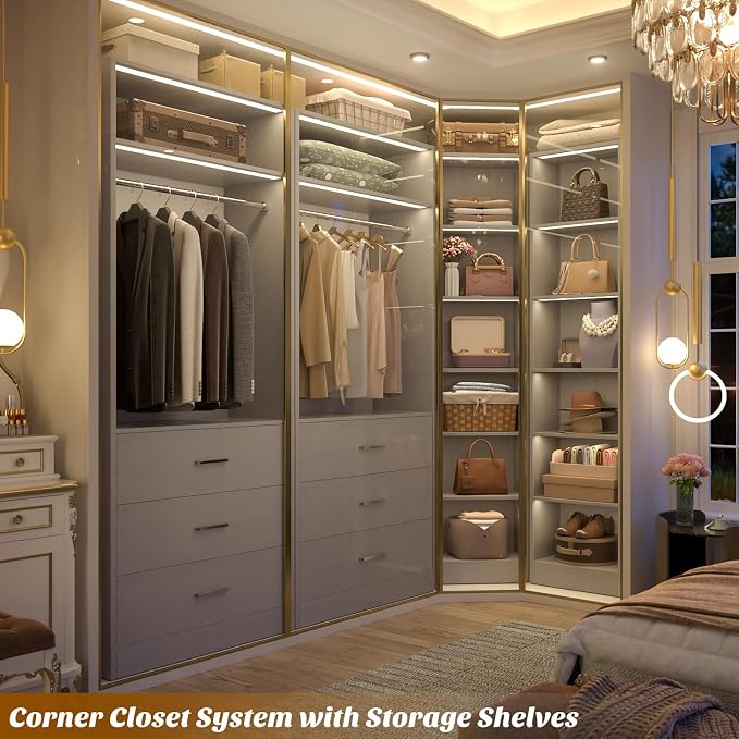 Besiost Closet System with 6 Drawers & 10 Shelves, Corner Closet Organizer System, Reversible Walk-in Closets, (L-Shaped 31.5" L * 31.5" W / I-Shaped 62.9" L * 15" W), Load 1500+LBS, Grey
