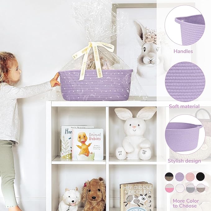 CHICVITA Large Gift Basket Empty with Bags & Ribbon for Baby Shower, Purple | 13.6"x 10" x 6" Woven Gift Basket Empty to Fill for Holiday, Rope Baskets for Organizing, Birthday Basket, Dog Toy Basket