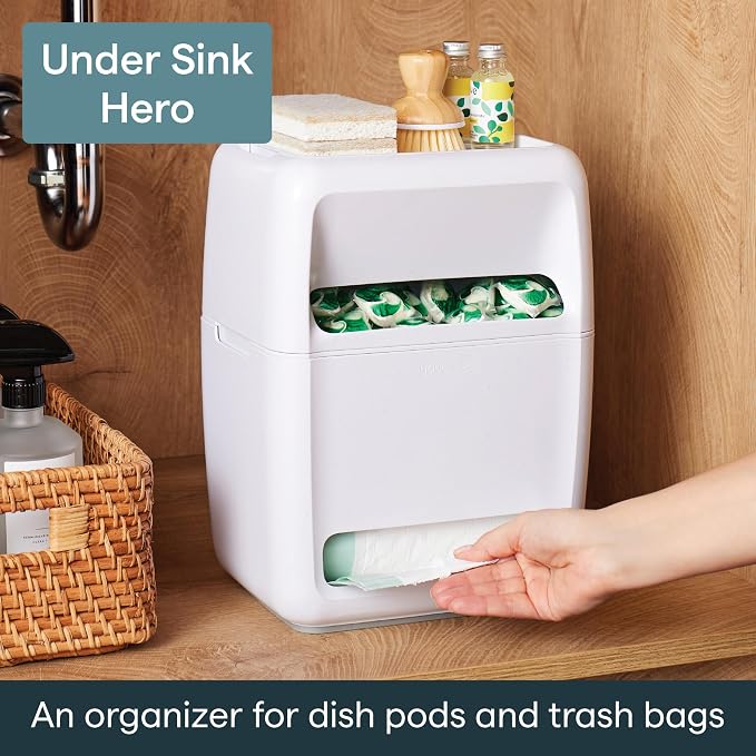 YouCopia SinkSuite Bag & Pod Dispenser, Standing Garbage Bag and Dishwasher Pod Organizer with Removable Lids for Storage, Speckled White