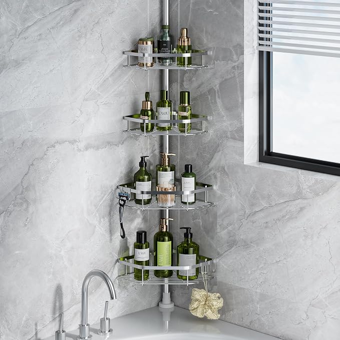 LAMU Stainless Steel Corner Shower Caddy Tension Pole,4-Tier Storage,Silver | Fits 37.8-124 in Heights, No Drilling, Strong Spring, 3 Adhesive Pads, 4 Hooks for Corner Shower Shelves, Bathroom & Bathtub