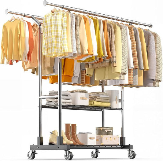 Luxspire Double Rod Clothing Racks for Hanging Clothes Load 650 LBS, Silver | Zinc-iron alloy frame, 2-tier sturdy shelves, lockable silent wheels, adjustable extendable rods for bedroom & laundry room
