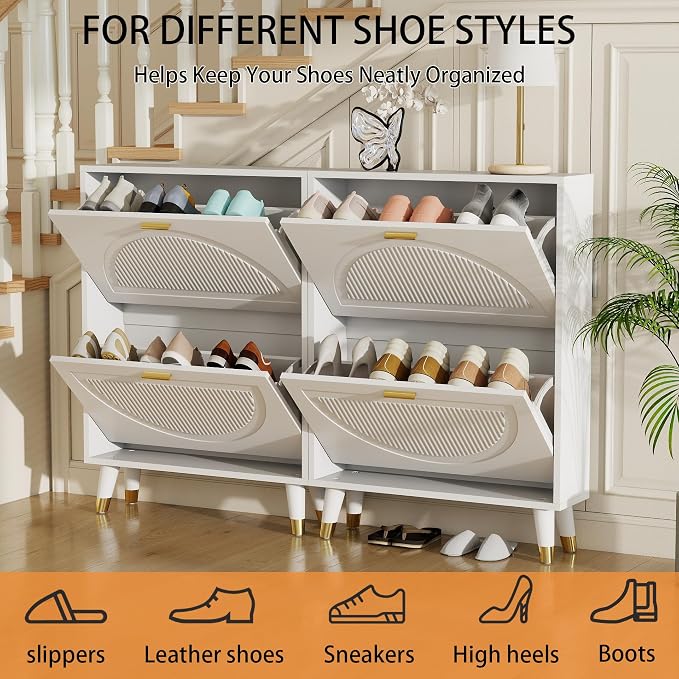 Narrow Shoe Cabinet Storage for Entryway: Cabinet Shoe Rack Organizer, White Shoes Cabinets with 4 Flip Drawers, Modern Shoes Storage Entryway for Front Door Entrance (2 Piece, 25")