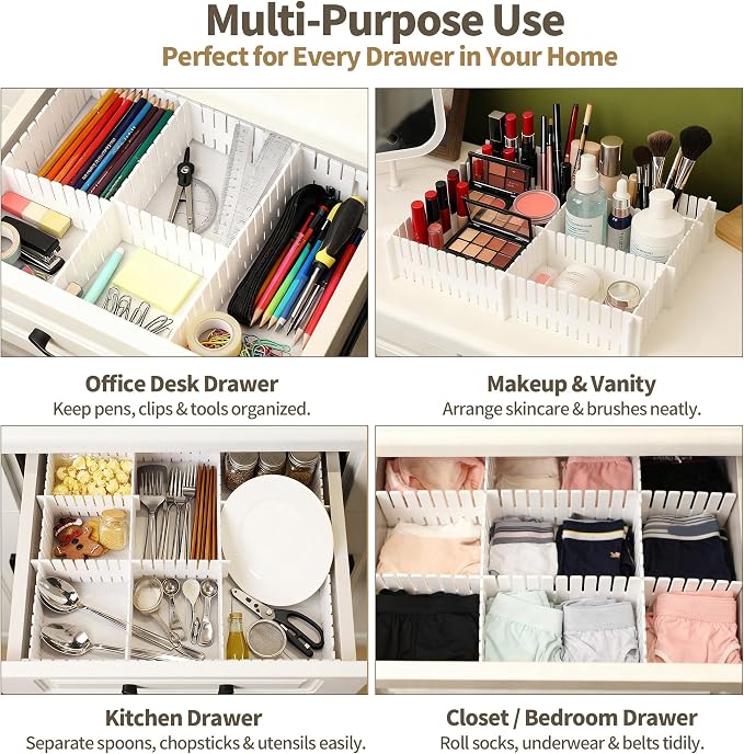 Drawer Divider Adjustable Diy Storage Organizer Separator for Tidying Clutter Cutlery Makeup Clothes of Dresses, Desk & Box in Kitchen Bathroom Bedroom Office (Cut at Will) (White 32PCS)