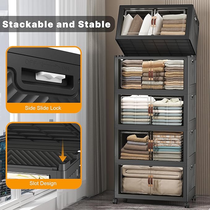 UAMFURI Stackable Storage Bins, 560QT Collapsible Drawers with 1 Lid | Large Capacity, Magnetic Door, Stack Lock, Rolling Wheels, Foldable Design, Organizers and Storage for Bedroom Dorm Garage