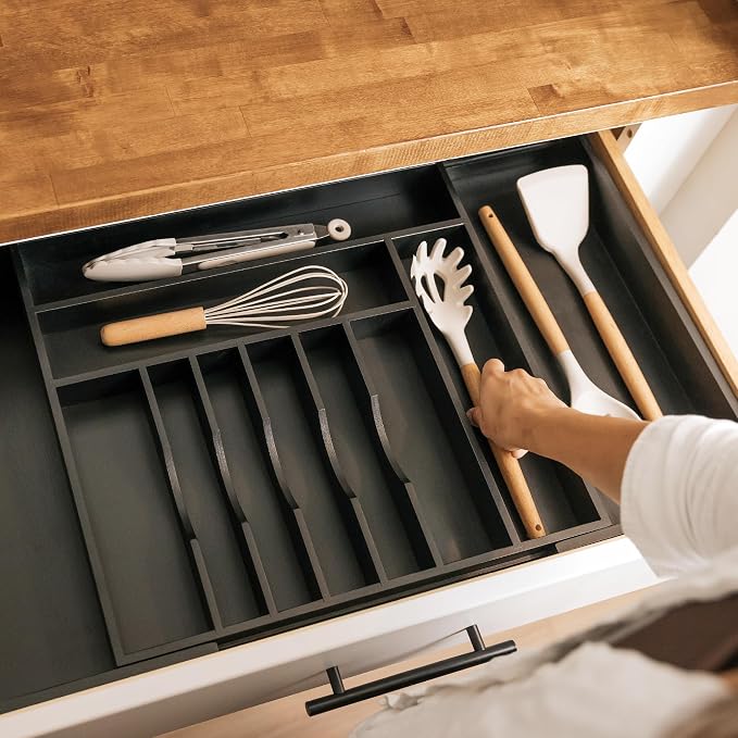 KitchenEdge Silverware & Utensil Drawer Organizer, 18-33 in, Black Bamboo | Cutlery, flatware, food-safe contract grade, kitchen drawer fit