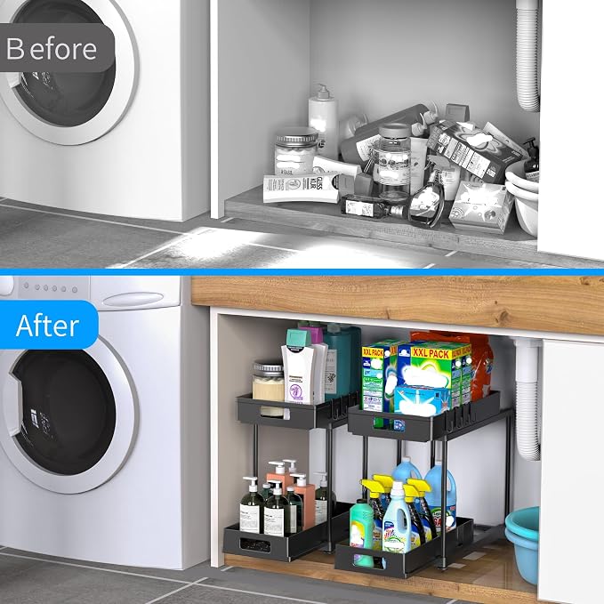 2 Pack Under Sink Organizer with Double Pull-Out Drawer, Black | 2-Tier Cabinet Storage, Kitchen & Bathroom, Tool-Free Assembly, Fits Cleaning Supplies & Toiletries, Space Saving