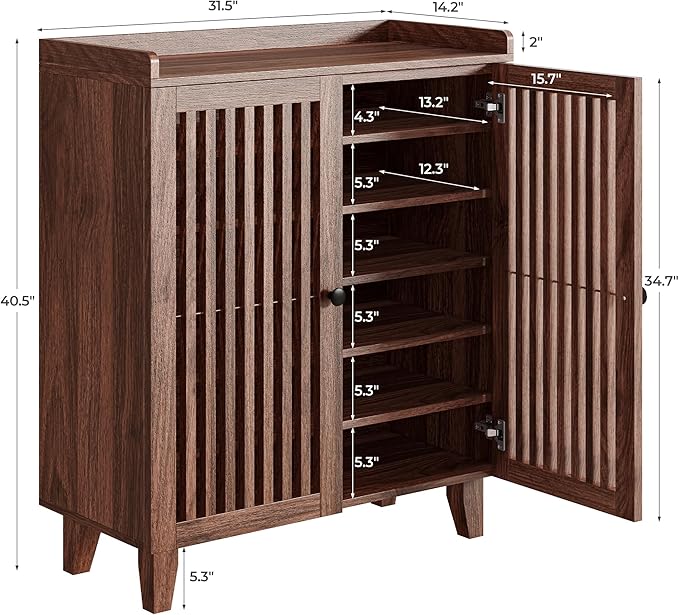IRONCK Shoe Cabinet with Slatted Doors, 6-Tier Shoe Storage Cabinet with Adjustable Shelves, Wooden Shoe Rack Organizer for Entryway, Hallway, Closet, Living Room, Walnut