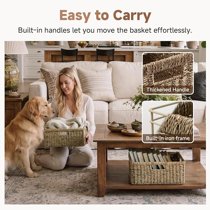 StorageWorks Large Wicker Baskets for Organizing, Seagrass Storage Basket with Built-in Handles for Pantry, Entryway, Living Room, 1 Pack
