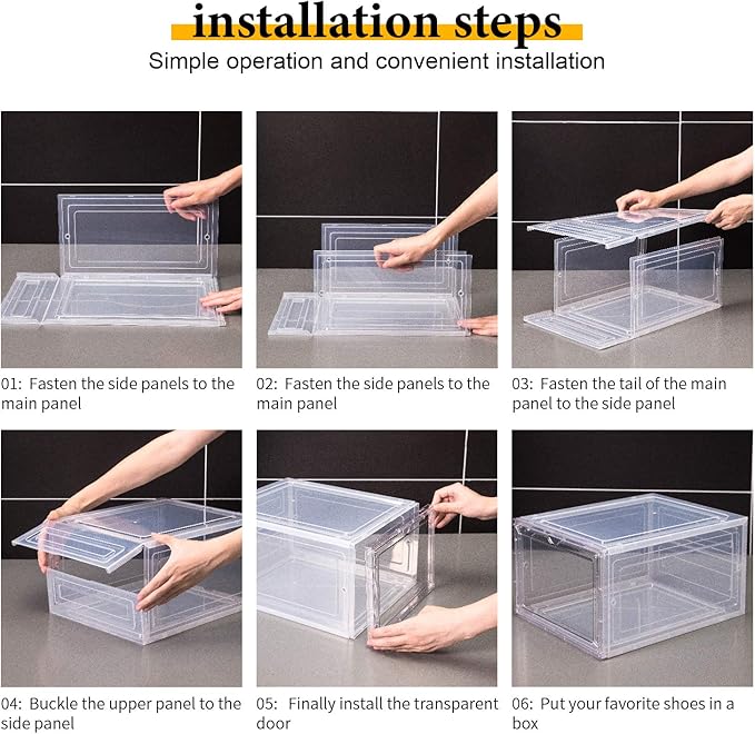 Attelite Shoe Storage Boxes Stackable Clear Shoe Organizer Cabinet,6 Pack | Shoe Box for Entryway Closet,Thicken Sturdy Durable Plastic,Fit up to Men's Size 12,Tool-free Assembly,Magnetic Door
