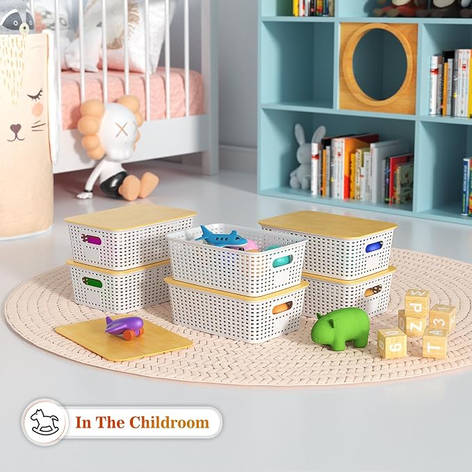 Ohmlove Plastic Storage Baskets With Bamboo Lid - Plastic Storage Containers Stackable Storage bins: Storage Baskets for Organizing Shelves Drawers Desktop Closet Playroom Classroom Office, 6 Pack