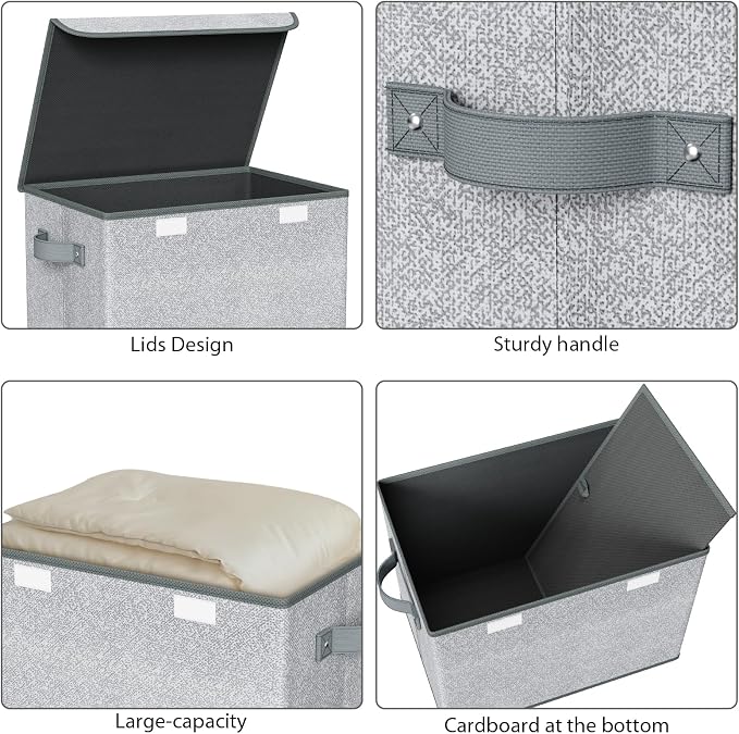 Univivi Decorative Fabric Storage Boxes with Lids, 4 Pack, Gray | 17 x 12 x 12 In Large Stackable Storage Bins with Lids & Carry Handles, Closet Organizers for Clothes, Office, Bedroom