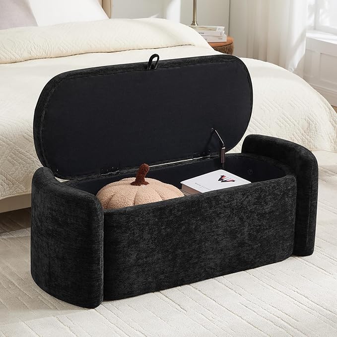 Oval Ottoman Bench with 20 Gal of Storage Space Upholstered Chenille Seat End of Bed Storage Bench Storage Ottoman with Storage for Bedroom, Living Room, Entryway, Window (Black)