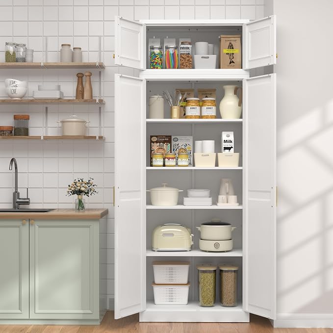UNICOLY 86.6" Kitchen Pantry Cabinet, Pantry Storage Cabinet with Doors | Tall Storage Cabinet with 4 Shelves，Metal Kitchen Pantry for Kitchens, Living Room, Dinning Room, Assembly Required, White
