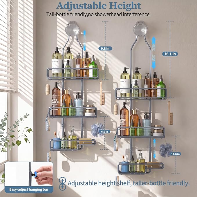 Skyapex Shower Caddy Hanging Bathroom Organizer: Over Head Adjustable Rack for Tall Showerhead - Extra Large Storage Shelf for Big Shampoo Bottles with Soap Holder (Grey)