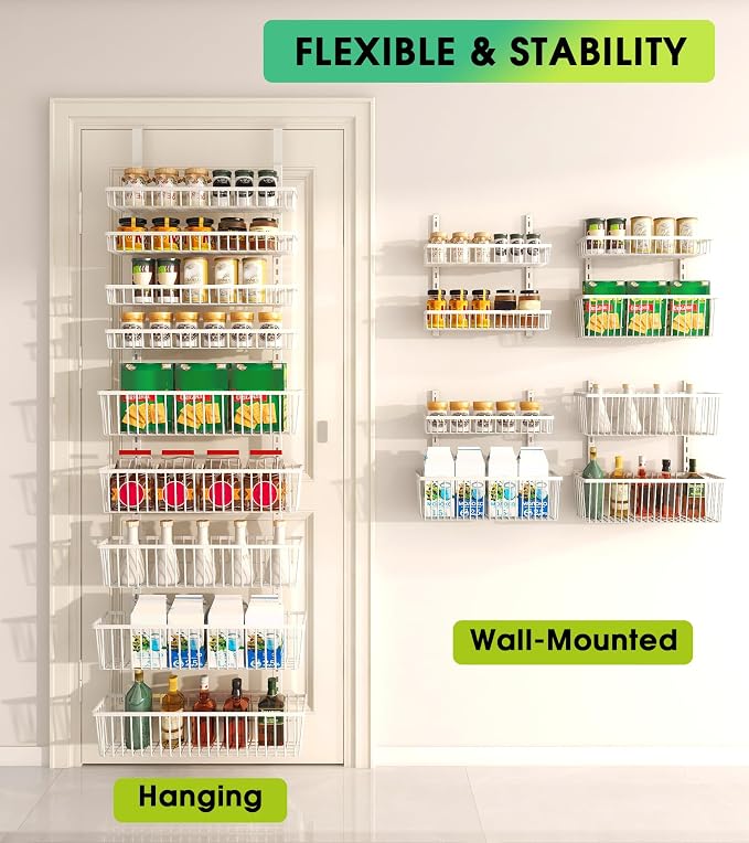 Mefirt White 9-Tier Over The Door Pantry Organizer, Pantry Organization | Pantry Hanging Organizers and Storage, Adjustable Heavy-Duty Metal for Home & Kitchen, Back of Door Seasoning Rack