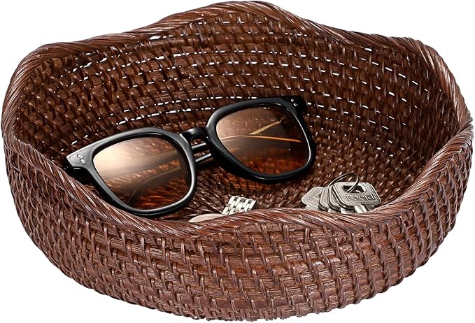 Hipiwe 10" Round Key Tray for Entryway Table Handwoven Wicker Basket Bowl | Decorative Basket Bowl for Cake Bread Fruit Serving Tray Handwoven Basket Tray for Kitchen Coffee Table Bathroom
