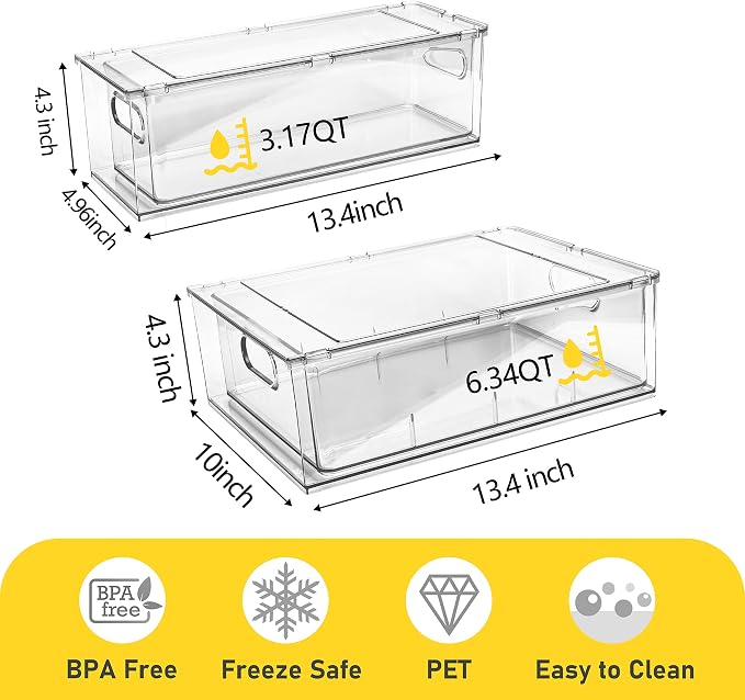 4 Pack Refrigerator Organizer Bins with Pull-out Drawer Stackable Clear Fridge Drawer Organizer Fruit Vegetable Storage Containers for Kitchen Pantry Organization (2 Large+2 Small)