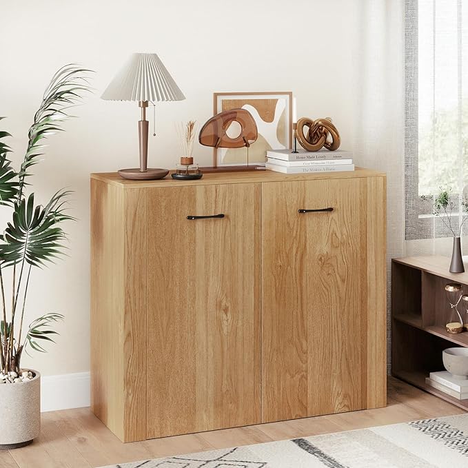 Giantex 38" Sideboard Cabinet with 2 Doors & 4 Shelves (Natural) | Bathroom Storage Organizer with Anti-Tipping Device, Metal Hinges, Credenza for Living Room, Kitchen, Entryway