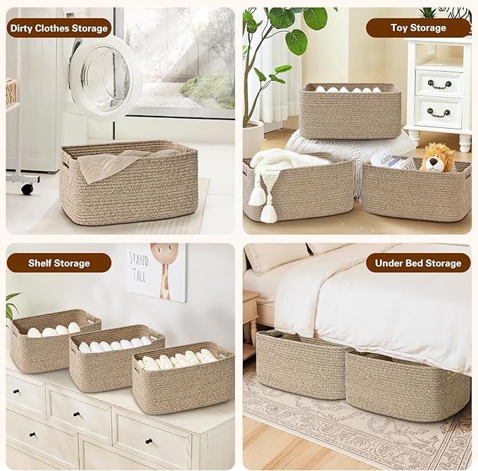 4 Pack Large Storage Basket for Organizing, 17.5"x13"x7" Woven Basket for Shelves, Closet Cube Storage Bins with Wrapped Handle, Cotton Rope Baskets for Kitchen, Clothes, Toys(Natural))