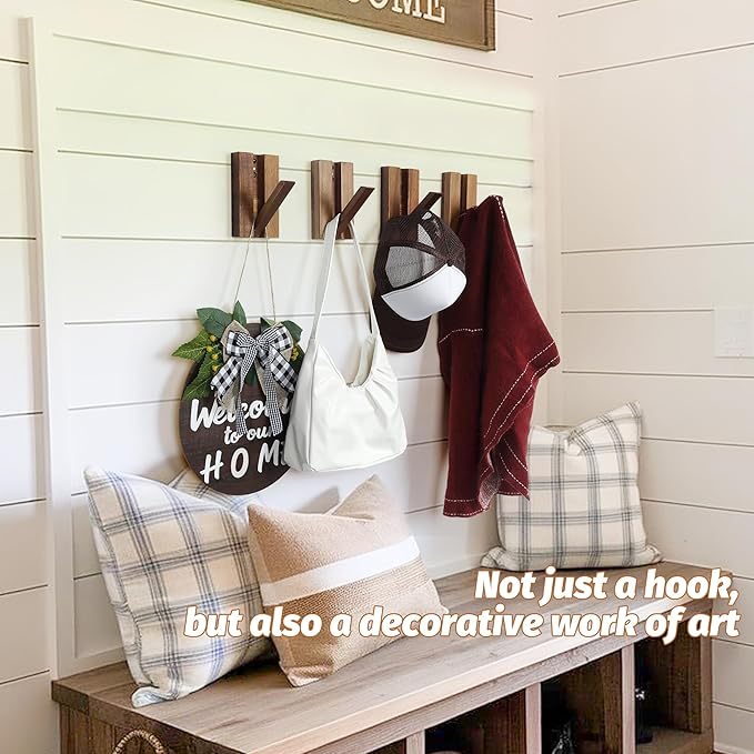 Wood Wall Hooks for Bathroom: 4Pack Foldable Rustic Decor Hangers | Heavy Duty Coat Hooks for Hanging Towels Backpack Jacket - Space Saving Minimalist Design for Aesthetic Homeowners