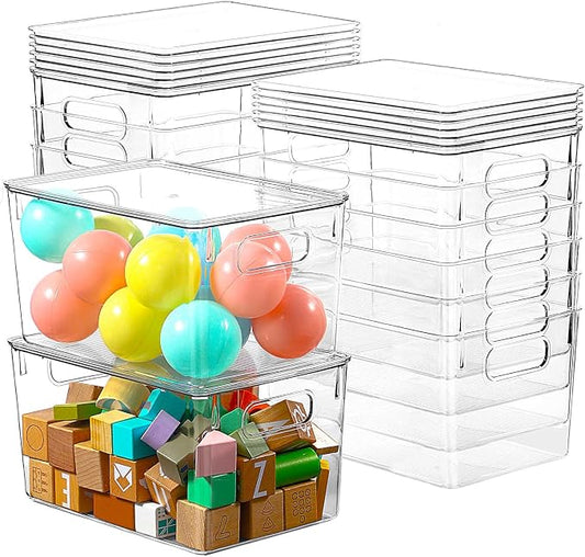 Freebat 12 Pack Clear Storage Bins with Lids, 7 Quart Pantry Organizer Bins | Stackable Plastic Storage Containers, Pantry Organization for Office, Bedroom, Cabinet, Fridge,Kitchen Organization