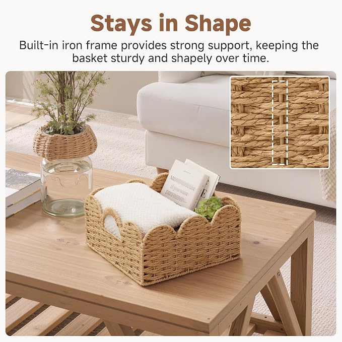 StorageWorks Scalloped Wicker Basket, Woven Baskets for Storage, Rattan Baskets with Handles, Paper Rope Basket for Organizing and Decor, 2 Pack