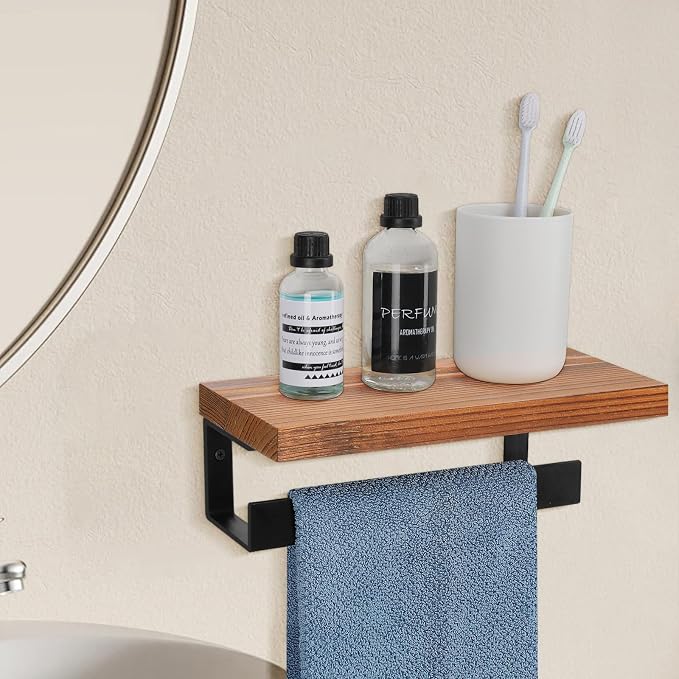 Hand Towel Holder/Towel Ring with Wooden Shelf, Hand Towel Rack, Hand Towel Hanger for Bathroom, Bath Accessories Wall Mounted, (Matte Black, 9"-Squ Shaped)